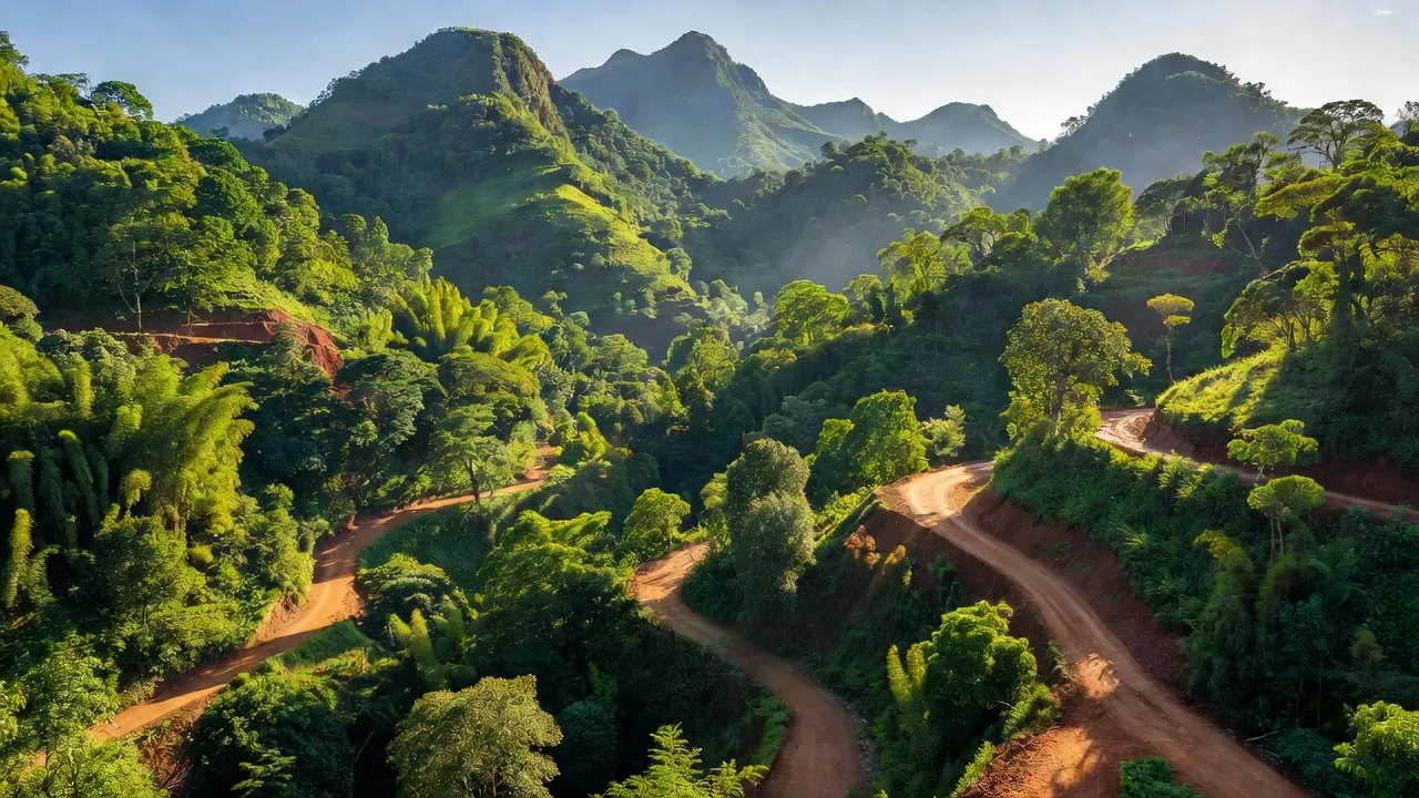 Thiên nhiên xã Thuận Hoà, huyện Vị Xuyên, Hà Giang với đồi núi và đường đất đỏ.
