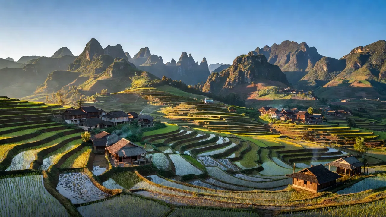 Khung cảnh làng Thượng Sơn, huyện Vị Xuyên, tỉnh Hà Giang với núi non, ruộng bậc thang và nhà truyền thống.