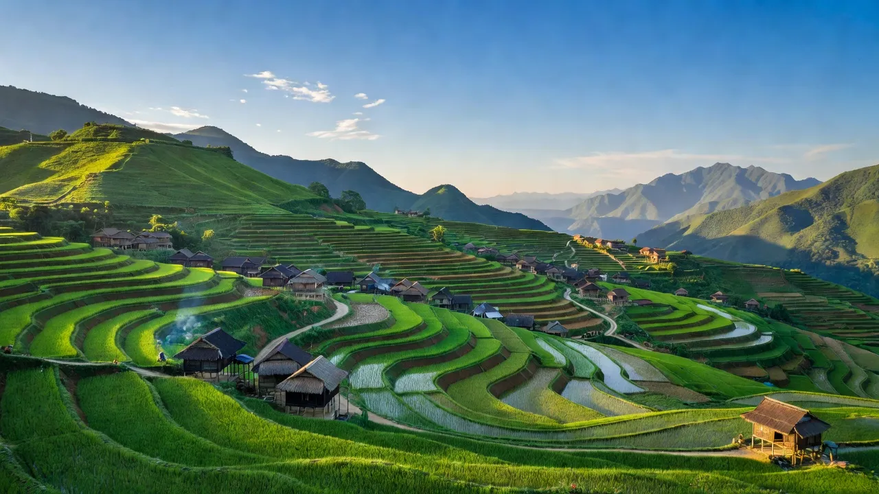 Khung cảnh xã Thượng Sơn, huyện Vị Xuyên, tỉnh Hà Giang với núi non xanh tươi và ruộng bậc thang.