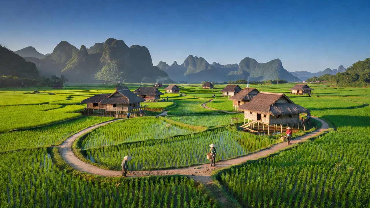Cảnh sắc xã Trung Thành, huyện Vị Xuyên, Hà Giang với ruộng xanh và núi non hùng vĩ.