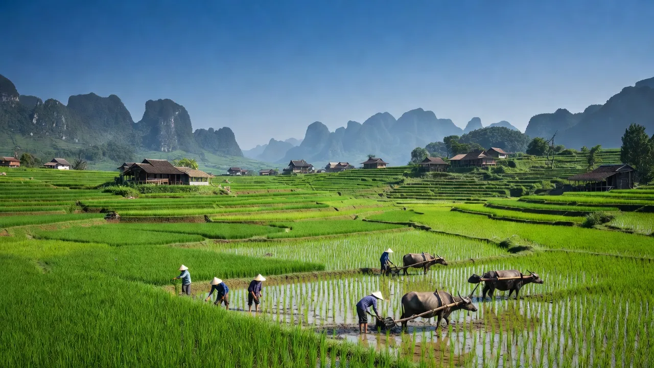 Khung cảnh xanh tươi của Xã Trung Thành, huyện Vị Xuyên, tỉnh Hà Giang, với núi và ruộng bậc thang.
