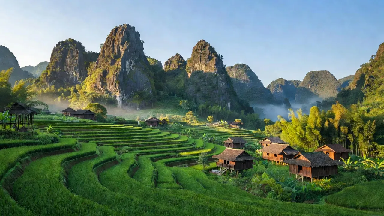 Cảnh đẹp xã Tùng Bá, huyện Vị Xuyên, tỉnh Hà Giang với núi đá vôi và ruộng bậc thang.
