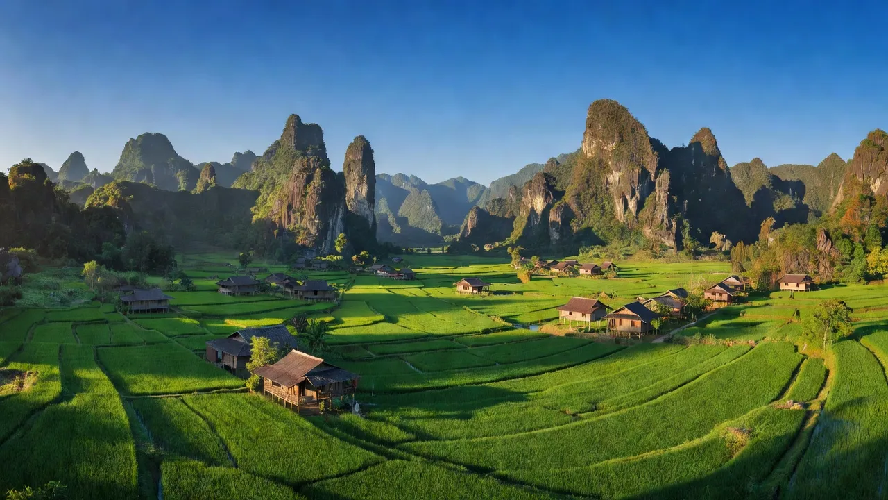 Khung cảnh xã Tùng Bá, Vị Xuyên, Hà Giang với núi đá vôi, thôn bản và đồng quê xanh mướt.
