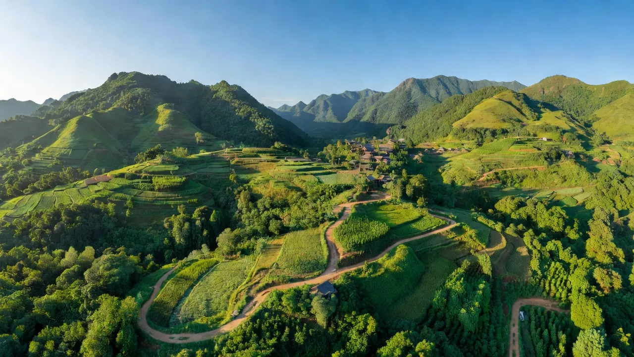 Cảnh đẹp xã Việt Lâm, huyện Vị Xuyên, tỉnh Hà Giang với đồi núi và rừng xanh.