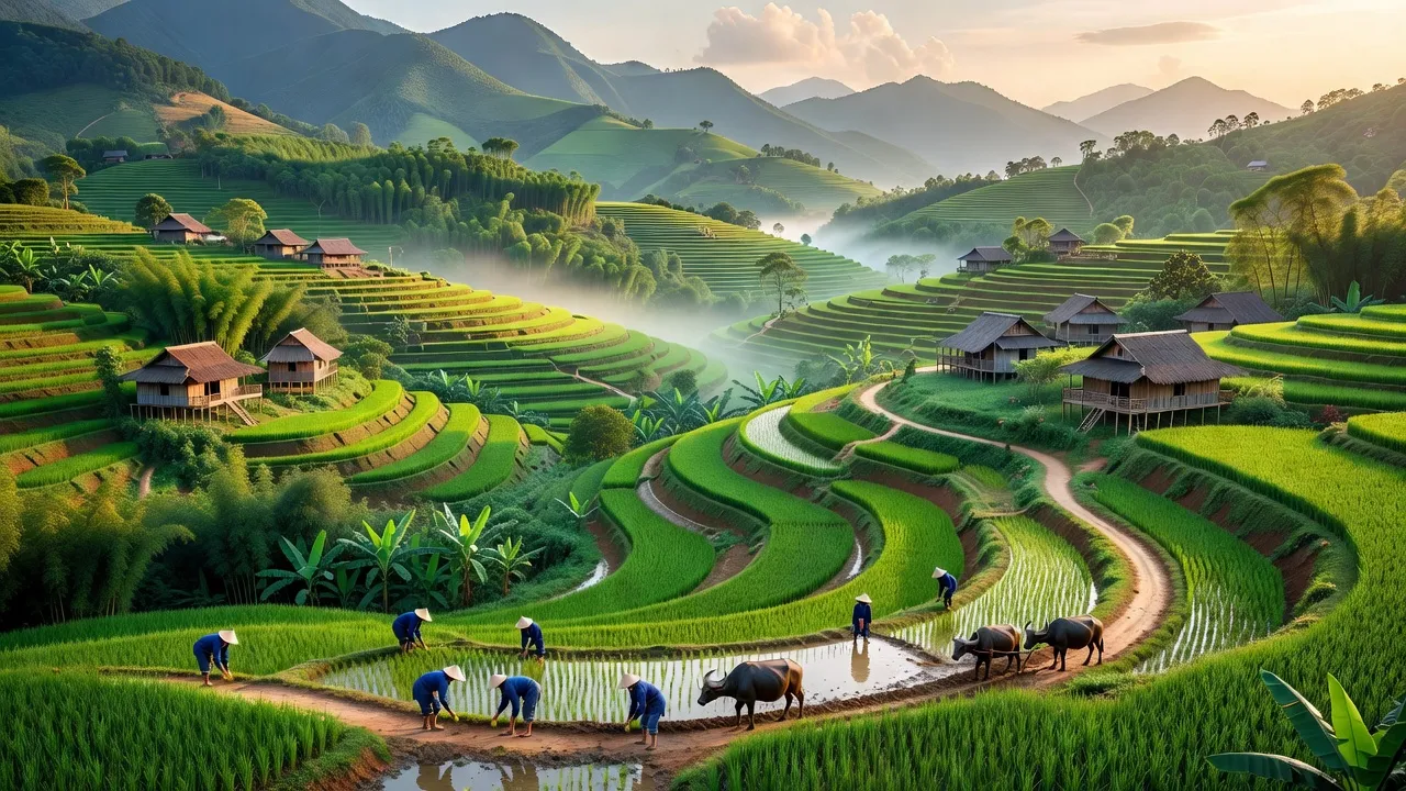 Khung cảnh xã Việt Lâm, huyện Vị Xuyên, tỉnh Hà Giang với đồi núi xanh tươi và hoạt động nông nghiệp.