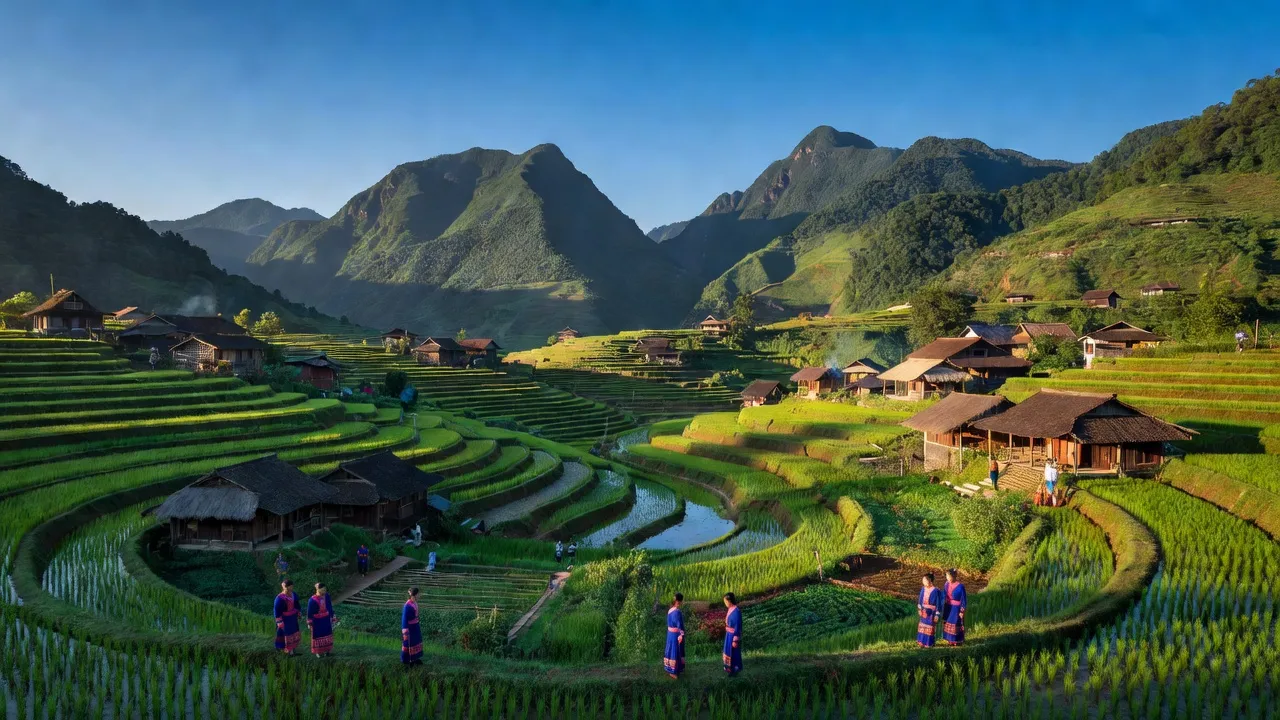 Khung cảnh thiên nhiên xã Xín Chải, huyện Vị Xuyên, tỉnh Hà Giang với ruộng bậc thang và nhà dân tộc Dao.