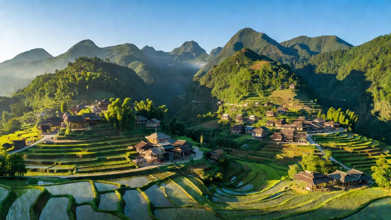 Cảnh quan huyện Xín Mần, Hà Giang với núi non xanh tươi và bản làng dân tộc thiểu số.
