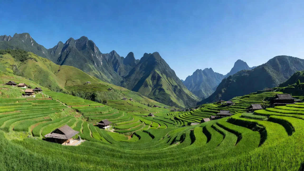Khung cảnh xã Bản Díu, huyện Xín Mần, với ruộng bậc thang và núi non Hà Giang.