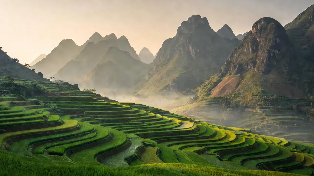 Khung cảnh xã Bản Díu ở huyện Xín Mần, Hà Giang với núi đồi và ruộng bậc thang xanh.