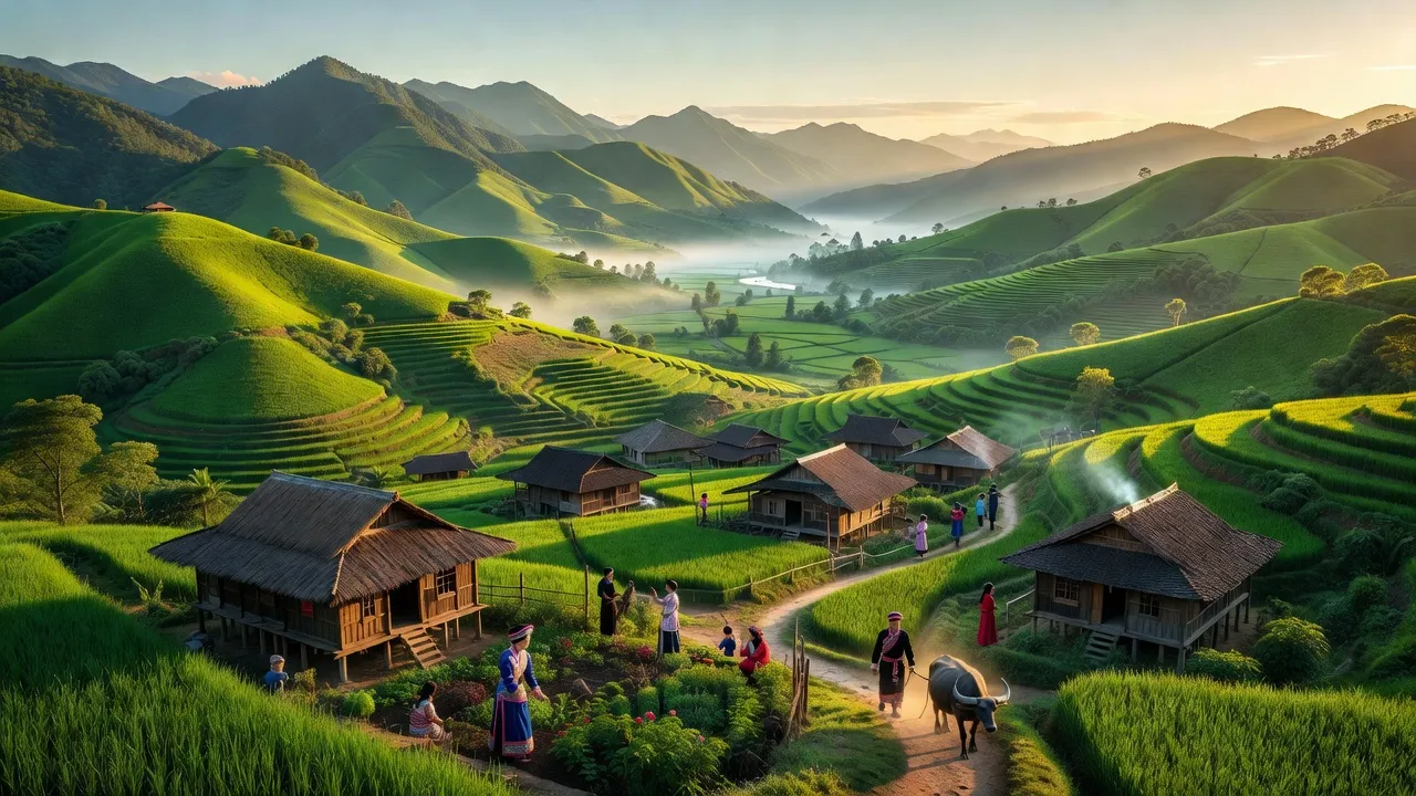 Khung cảnh xã Bản Ngò, huyện Xín Mần, với đồi núi và thung lũng, bức tranh thiên nhiên tươi đẹp.