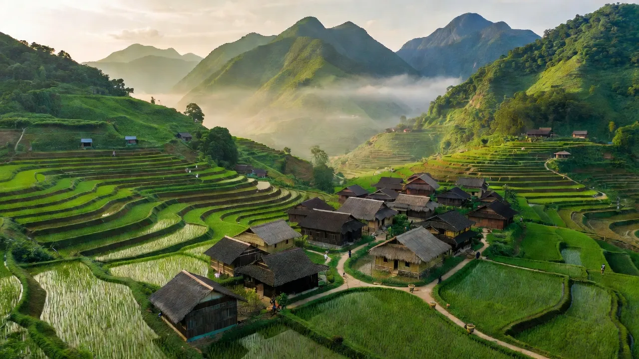 Khung cảnh xã Bản Ngò, huyện Xín Mần với núi non xanh tươi và ruộng bậc thang.