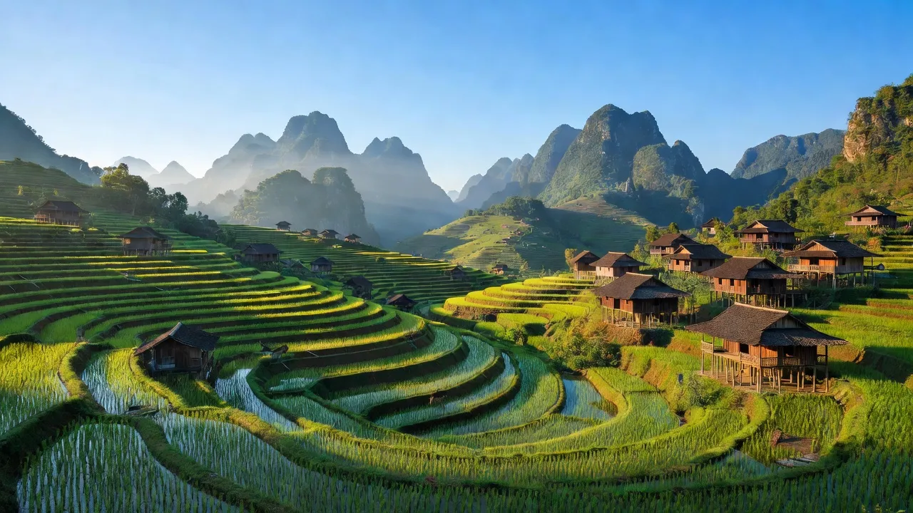 Khung cảnh Xã Chế Là huyện Xín Mần, tỉnh Hà Giang với đồng ruộng và núi đồi hùng vĩ.