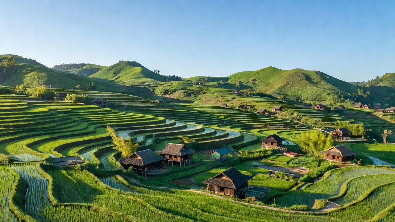 Khung cảnh xã Chế Là, huyện Xín Mần, tỉnh Hà Giang với ruộng bậc thang và núi non xanh tươi.