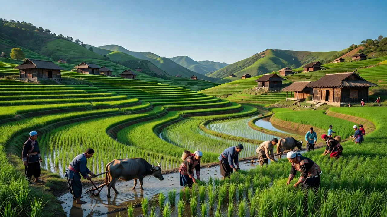 Khung cảnh thanh bình xã Chí Cà, huyện Xín Mần, Hà Giang với cánh đồng xanh và nhà dân tộc Mông.
