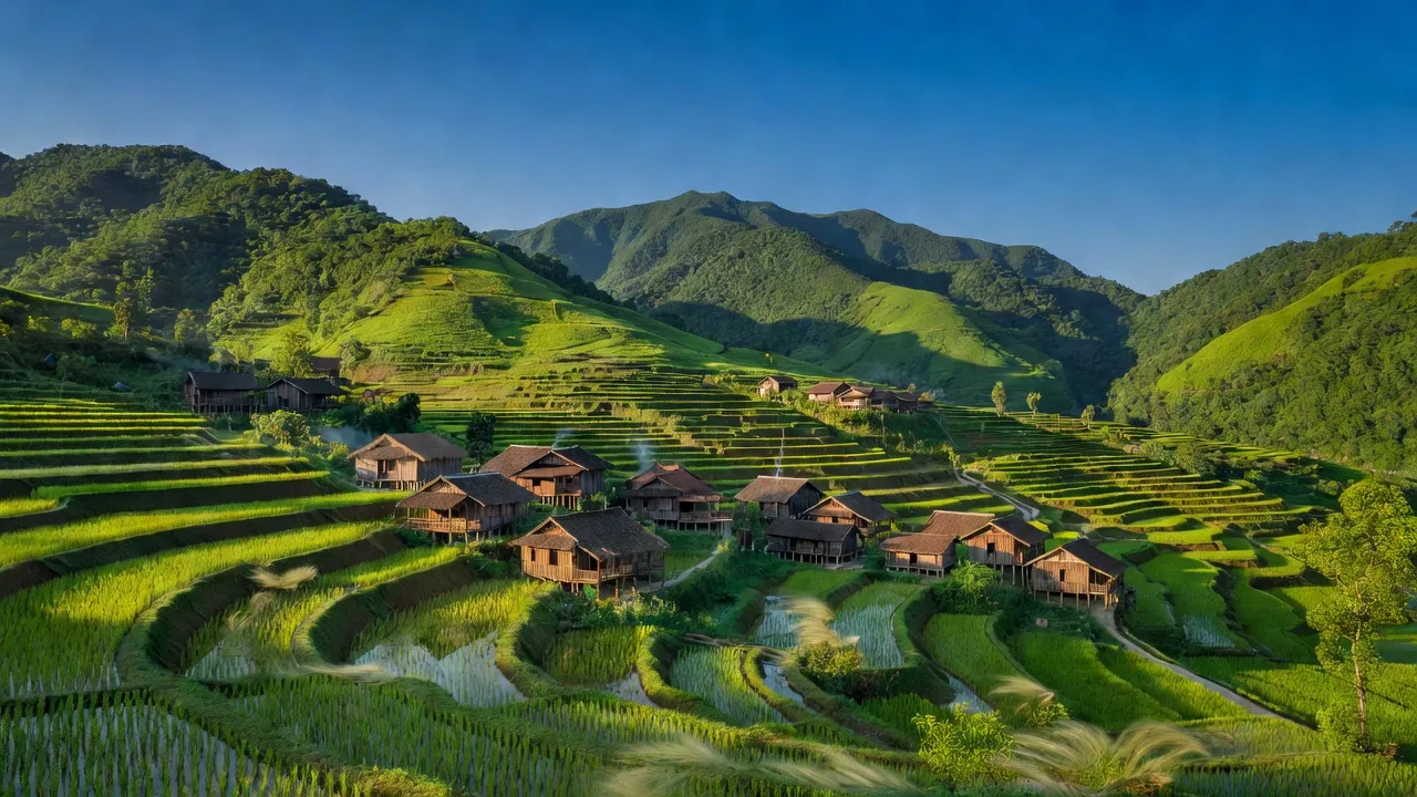 Cảnh đẹp xã Cốc Rế, huyện Xín Mần, tỉnh Hà Giang với núi xanh và ruộng bậc thang.