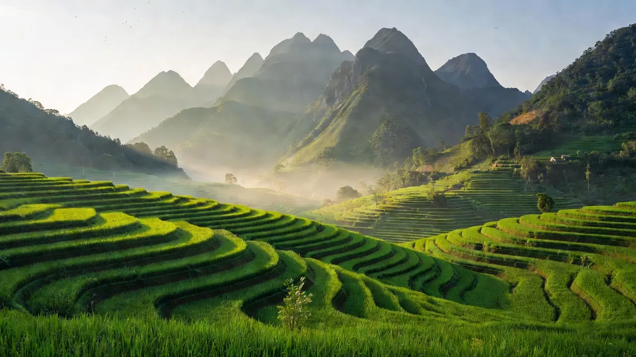 Cảnh đẹp xã Nà Chì, huyện Xín Mần, tỉnh Hà Giang với thiên nhiên tươi đẹp, núi và đồng xanh.
