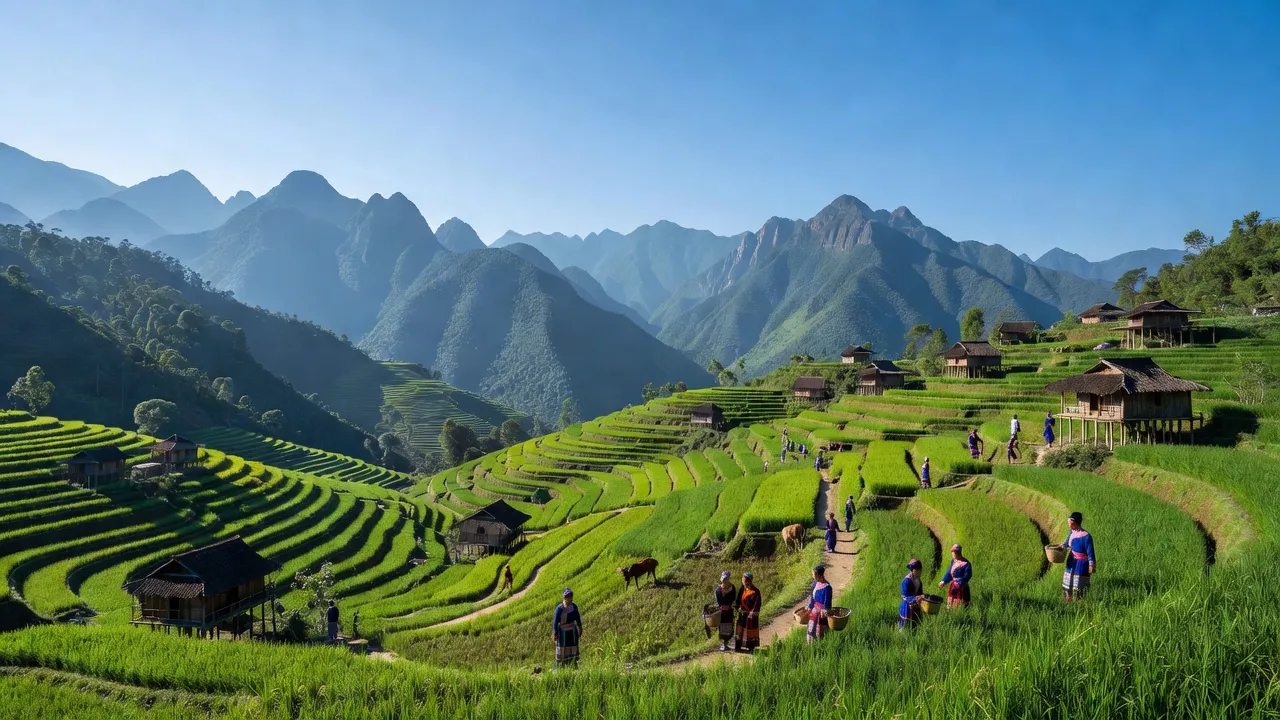 Cảnh đẹp xã Nàn Ma, huyện Xín Mần, Hà Giang với núi non và cánh đồng xanh.