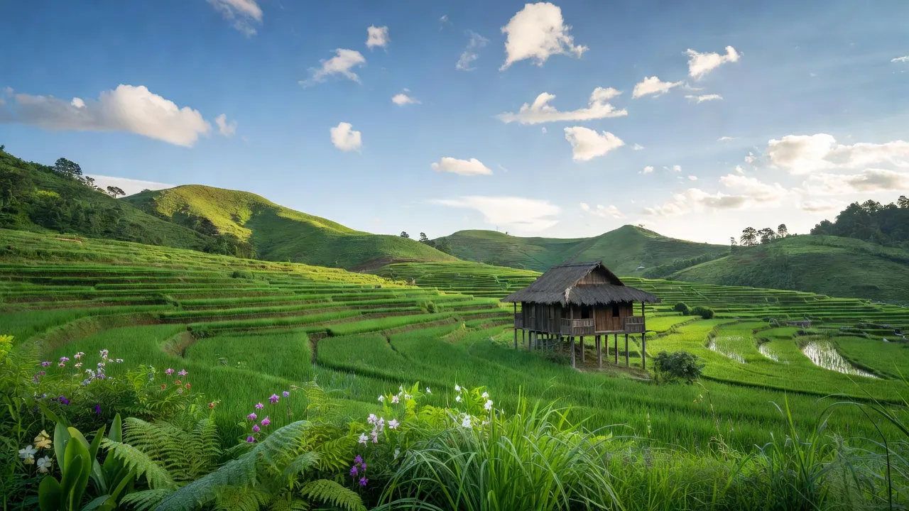 Cảnh đẹp Xã Nàn Ma, huyện Xín Mần, tỉnh Hà Giang với ruộng bậc thang và nhà gỗ truyền thống.