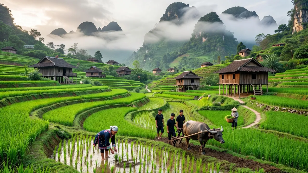 Cảnh quan xã Nàn Xỉn, huyện Xín Mần, Hà Giang với đồng ruộng xanh tươi và nhà sàn truyền thống.