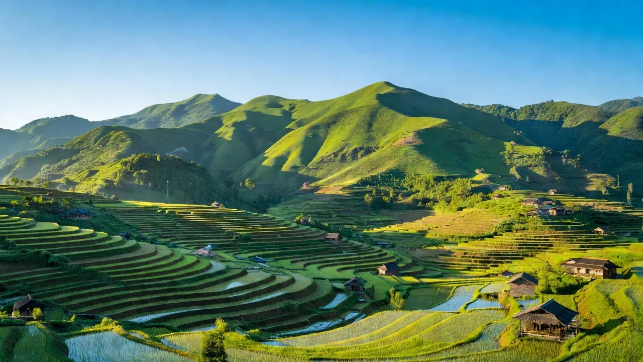 Cảnh quan xã Nàn Xỉn, huyện Xín Mần, tỉnh Hà Giang với núi xanh và ruộng bậc thang.