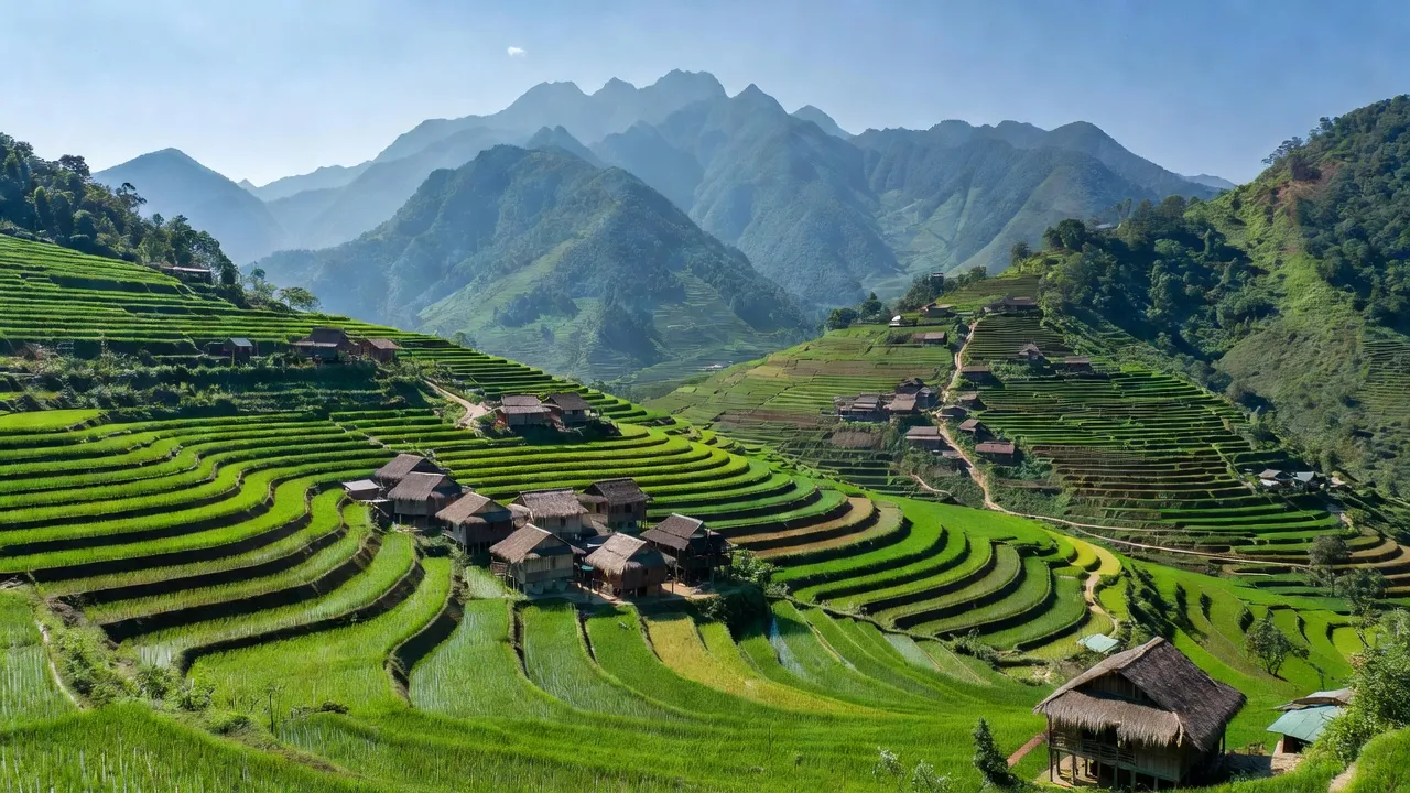 Cảnh sắc xã Quảng Nguyên, huyện Xín Mần, tỉnh Hà Giang với ruộng bậc thang và gia đình dân tộc thiểu số.