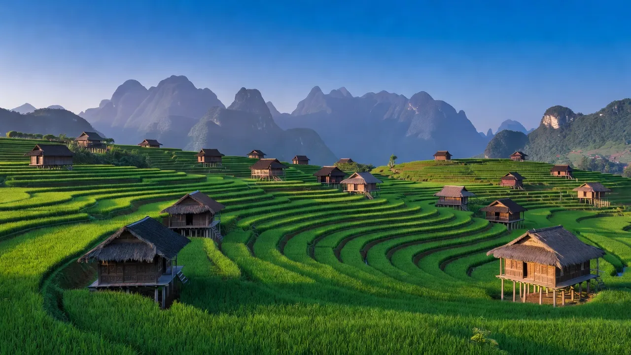 Quảng Nguyên, Xín Mần, Hà Giang: phong cảnh ruộng bậc thang và nhà sàn truyền thống.