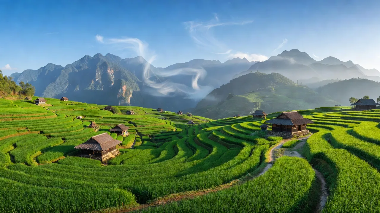 Khung cảnh xã Tả Nhìu, huyện Xín Mần, với cánh đồng, núi và nhà truyền thống đẹp mắt.