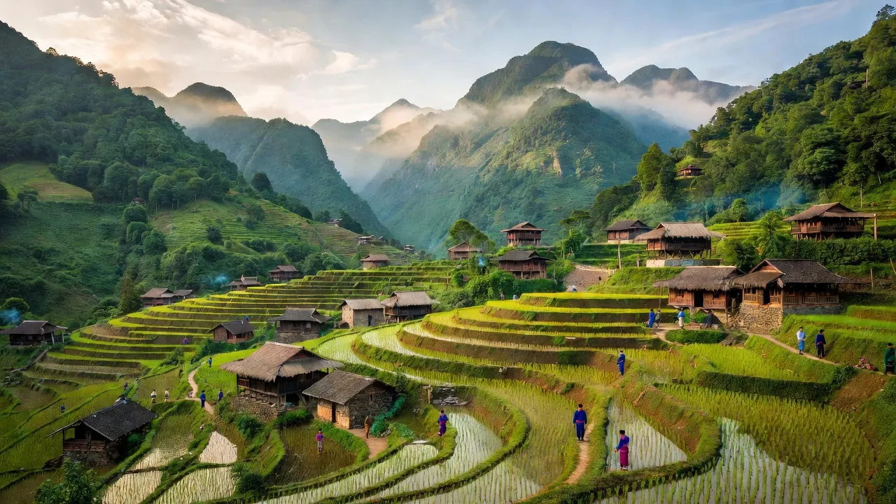 Cảnh đẹp xã Thèn Phàng, huyện Xín Mần, Hà Giang với núi xanh và ruộng bậc thang.