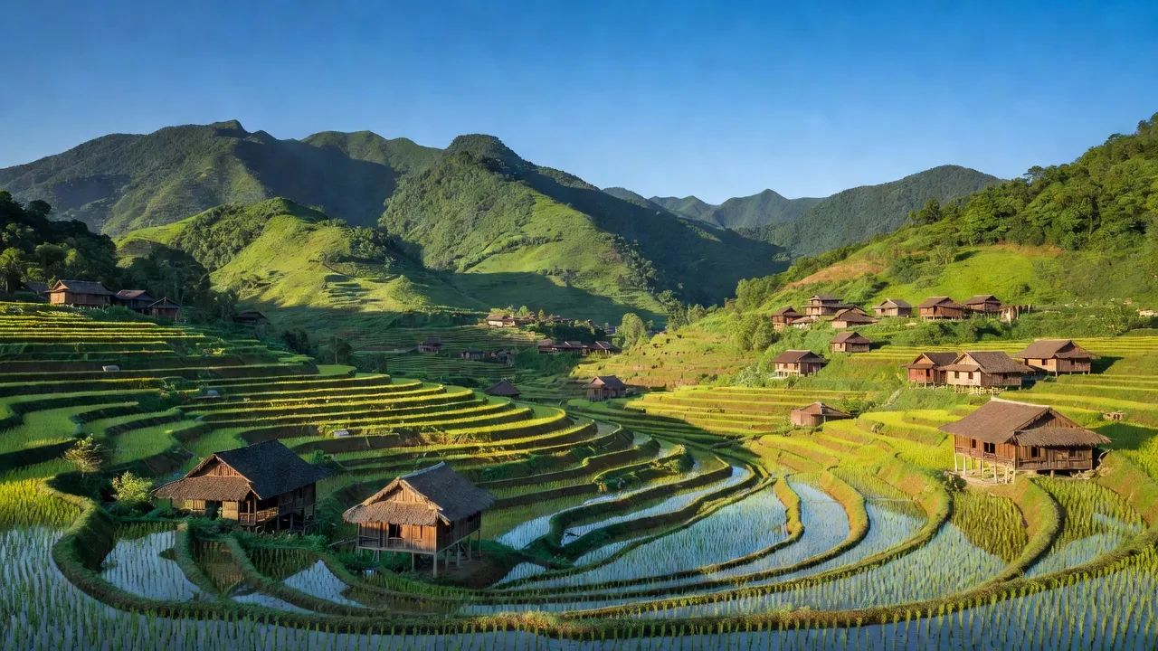 Khung cảnh xã Thèn Phàng, huyện Xín Mần, tỉnh Hà Giang với núi xanh và ruộng bậc thang.