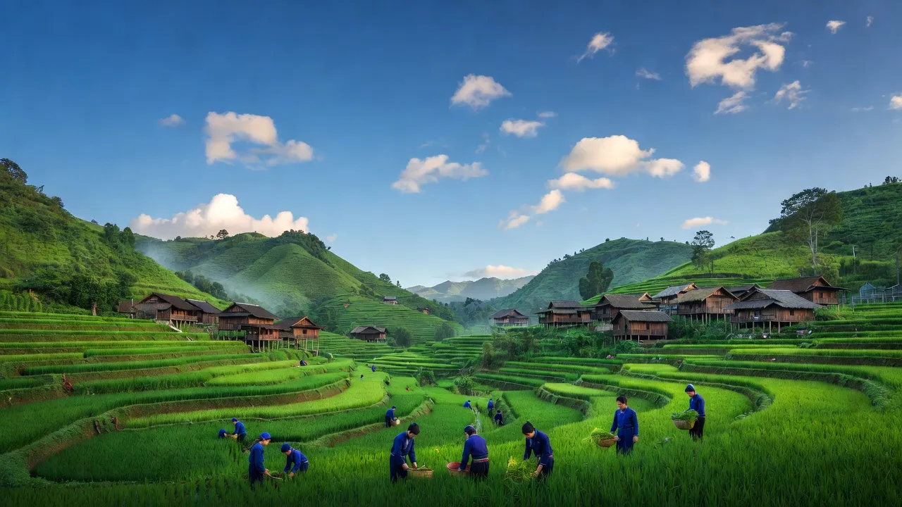 Cảnh đẹp xã Thu Tà, huyện Xín Mần, Hà Giang với đồi núi xanh và nhà sàn truyền thống.