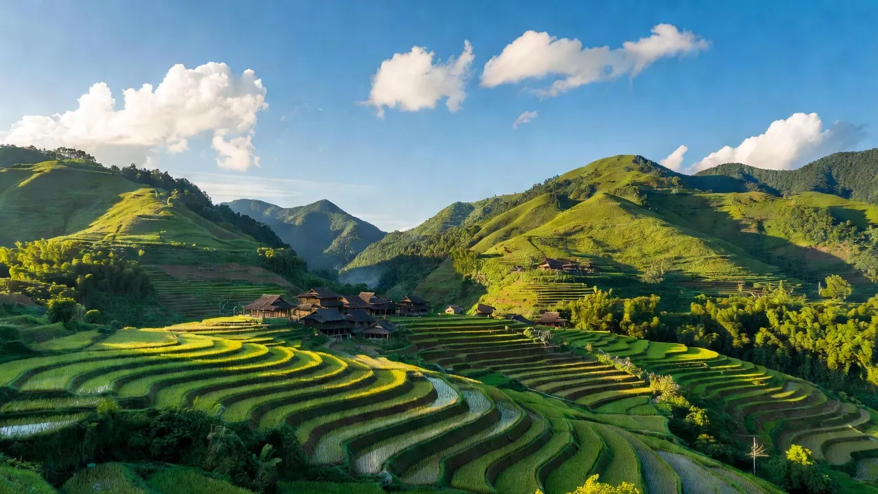 Khung cảnh đẹp xã Thu Tà, huyện Xín Mần, tỉnh Hà Giang với ruộng bậc thang và núi xanh.