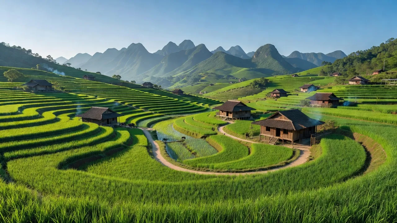 Cảnh quan xã Trung Thịnh, huyện Xín Mần, Hà Giang với ruộng bậc thang và núi non xanh tươi.