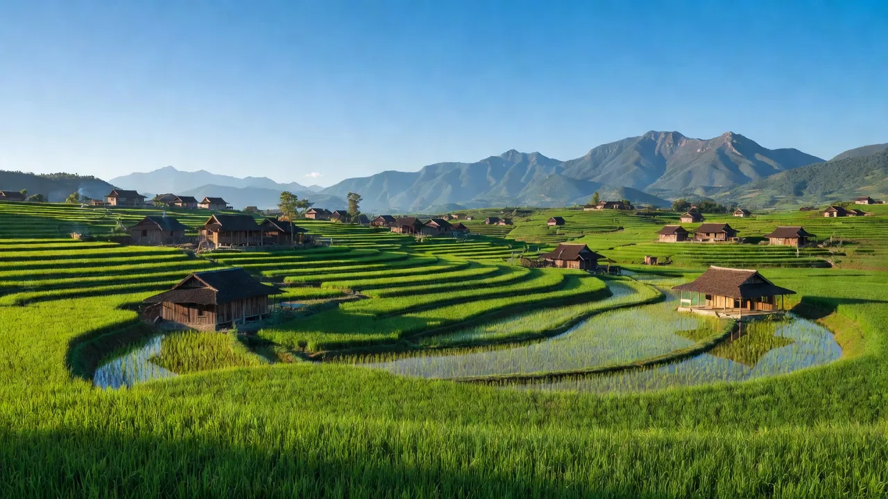 Khung cảnh xã Trung Thịnh, huyện Xín Mần, tỉnh Hà Giang với cánh đồng xanh và núi non hùng vĩ.