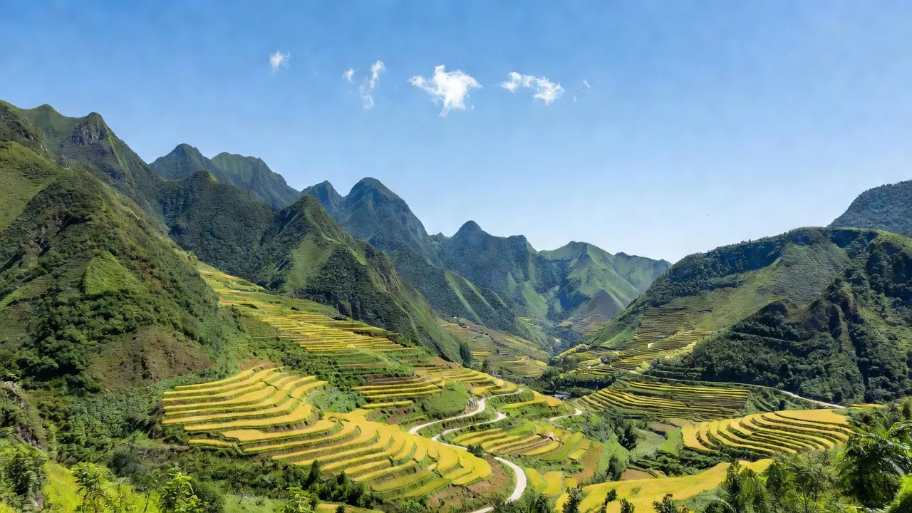 Cảnh quan đẹp của xã Xín Mần, huyện Xín Mần, tỉnh Hà Giang với núi, ruộng bậc thang.