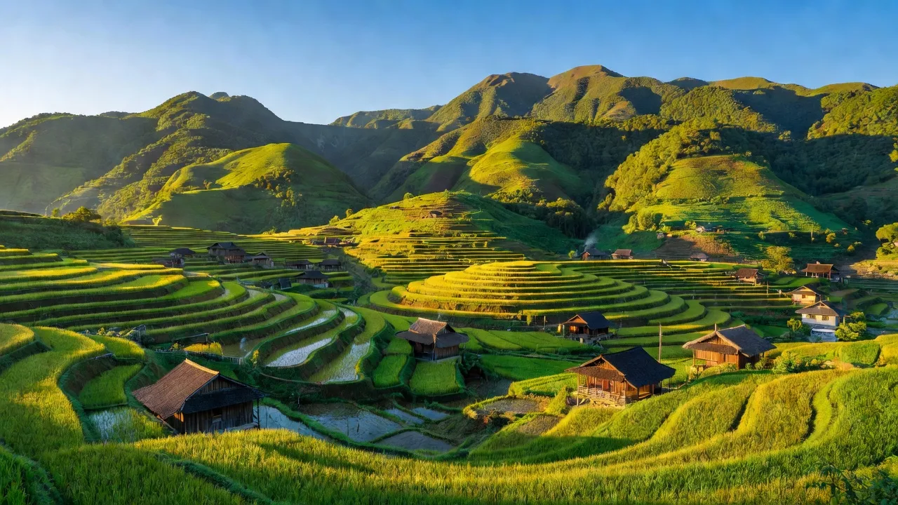Xã Xín Mần, Hà Giang with mountains, rice terraces, and wooden houses under blue sky.