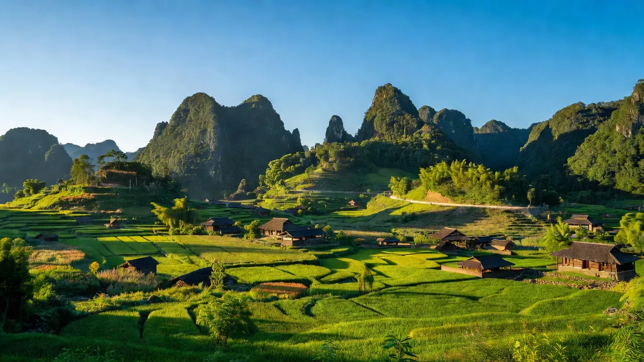 Cảnh quan Bạch Đích, Yên Minh, Hà Giang với núi non, cánh đồng xanh và nhà ở truyền thống.