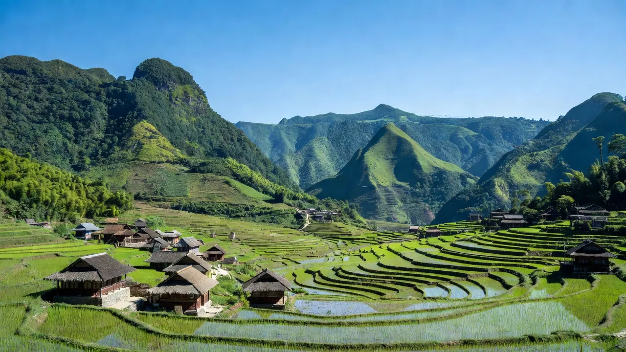 Toàn cảnh xã Bạch Đích, huyện Yên Minh, Hà Giang, xanh mát với núi non và nhà truyền thống.