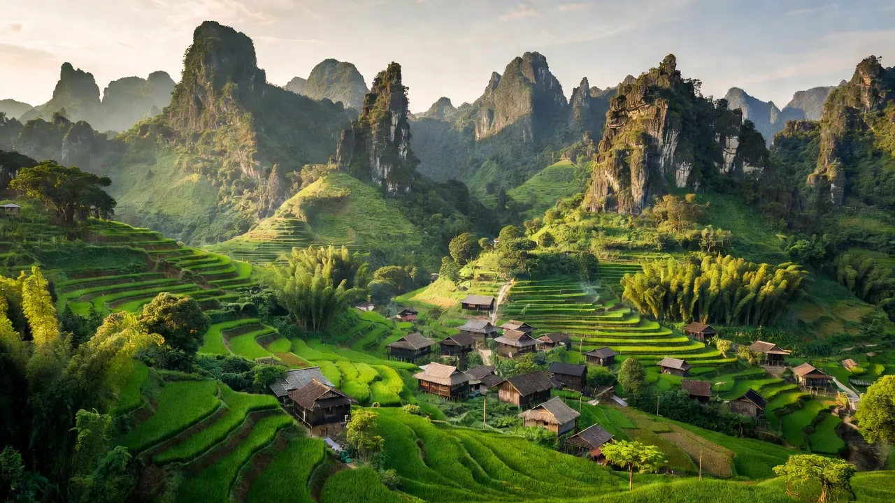 Khung cảnh thiên nhiên hùng vĩ ở Du Già, huyện Yên Minh, tỉnh Hà Giang với núi non và cây cối.