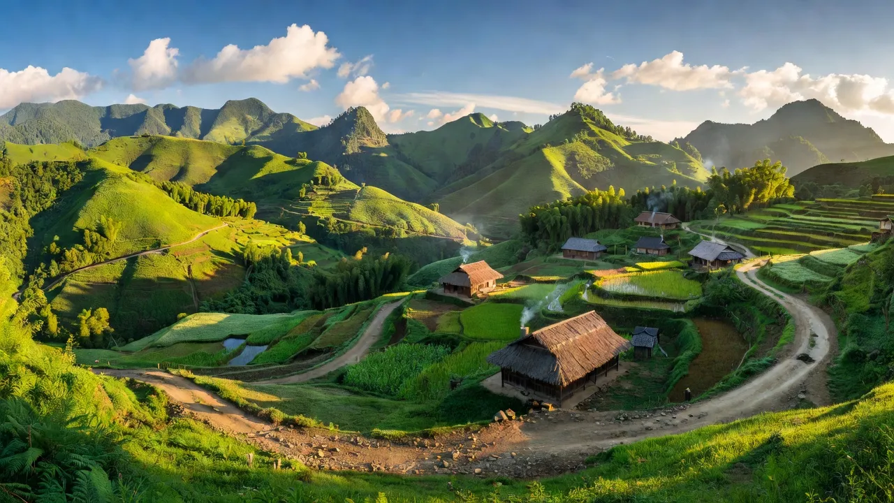 Khung cảnh xã Du Tiến, Yên Minh, Hà Giang với thiên nhiên xanh và nhà dân tộc H'Mông.