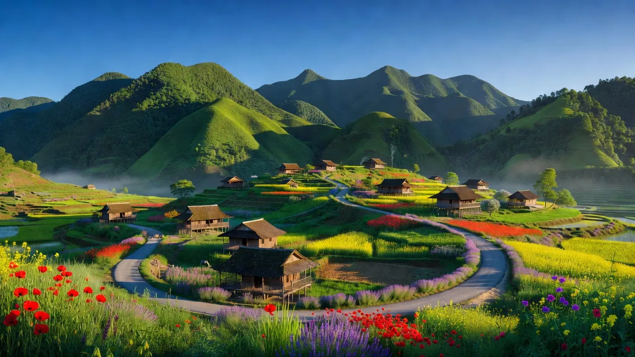 Phong cảnh Xã Du Tiến, Huyện Yên Minh, Hà Giang với núi non xanh tươi và đường đi quanh co.