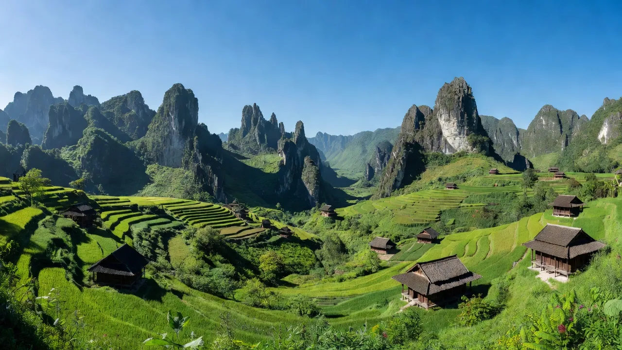 Khung cảnh Đường Thượng, huyện Yên Minh, tỉnh Hà Giang với núi đá vôi và nhà của người Mông.