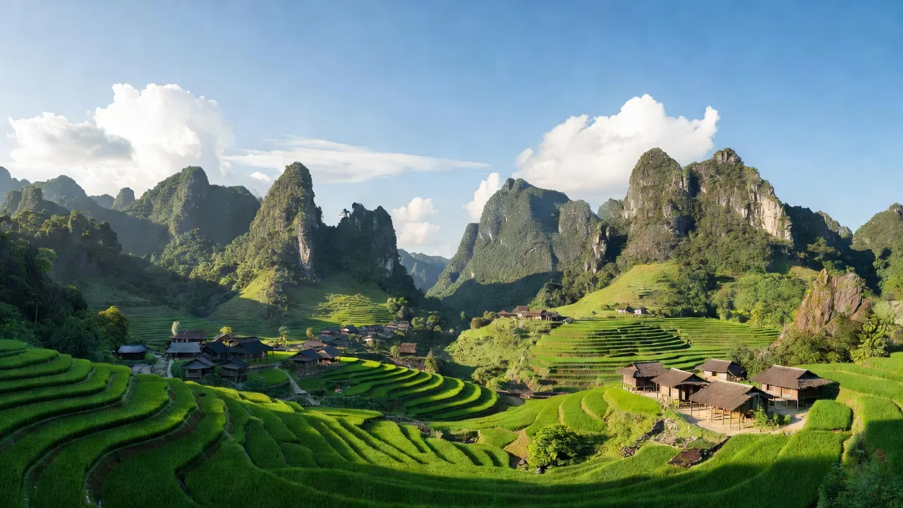 Khung cảnh tuyệt đẹp xã Đường Thượng, huyện Yên Minh, tỉnh Hà Giang với núi đá vôi và bản làng người Mông.