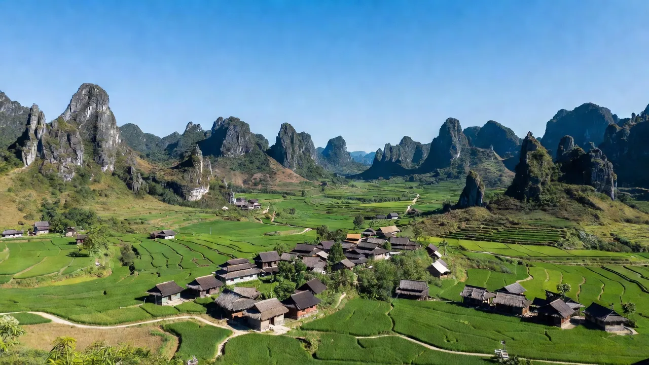 Khung cảnh xã Hữu Vinh, huyện Yên Minh, tỉnh Hà Giang với những ngọn núi và thung lũng xanh.