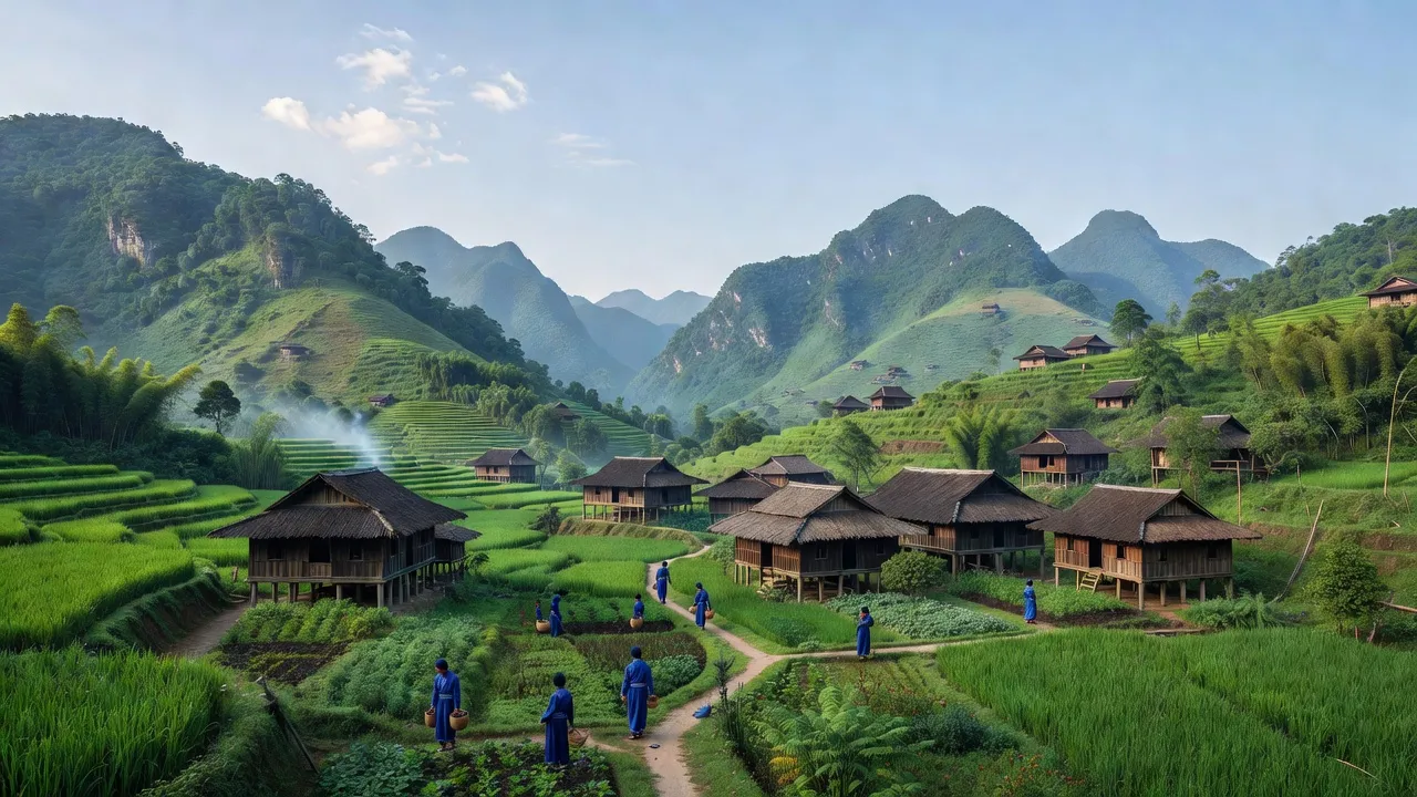 Khung cảnh làng Lao Và Chải, huyện Yên Minh, Hà Giang với núi non và nhà sàn truyền thống.