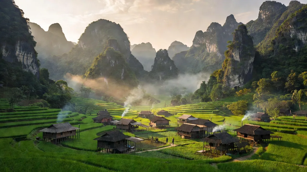 Khung cảnh xã Lũng Hồ, huyện Yên Minh, tỉnh Hà Giang với núi đá vôi và thung lũng yên bình.