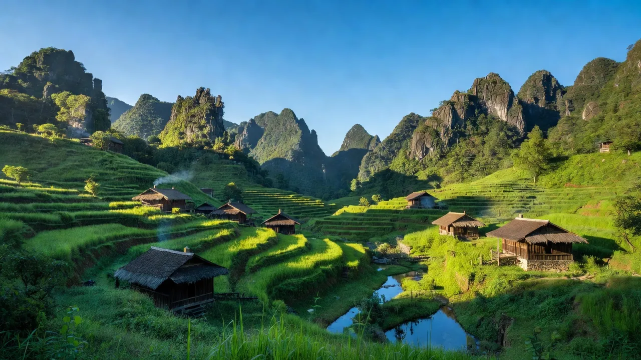 Khung cảnh yên bình tại xã Lũng Hồ, huyện Yên Minh, tỉnh Hà Giang, với núi đá vôi và thung lũng xanh.
