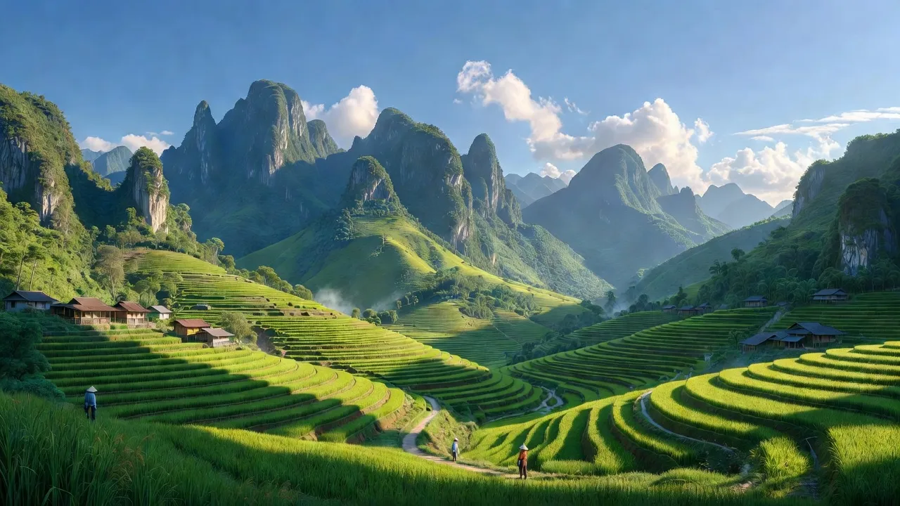 Phong cảnh Xã Mậu Duệ, Huyện Yên Minh, tỉnh Hà Giang, với núi non và ruộng bậc thang.