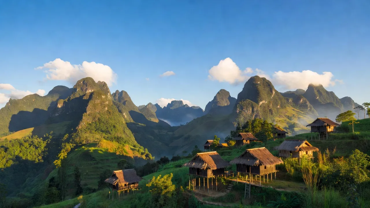 Khung cảnh đồi núi tuyệt đẹp ở Mậu Long, Yên Minh, Hà Giang với nhà sàn và mây trời.