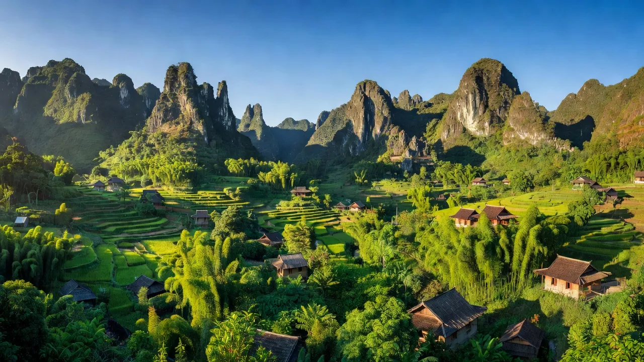 Thiên nhiên hữu tình tại xã Mậu Long, huyện Yên Minh, tỉnh Hà Giang với đồi núi và nhà truyền thống.
