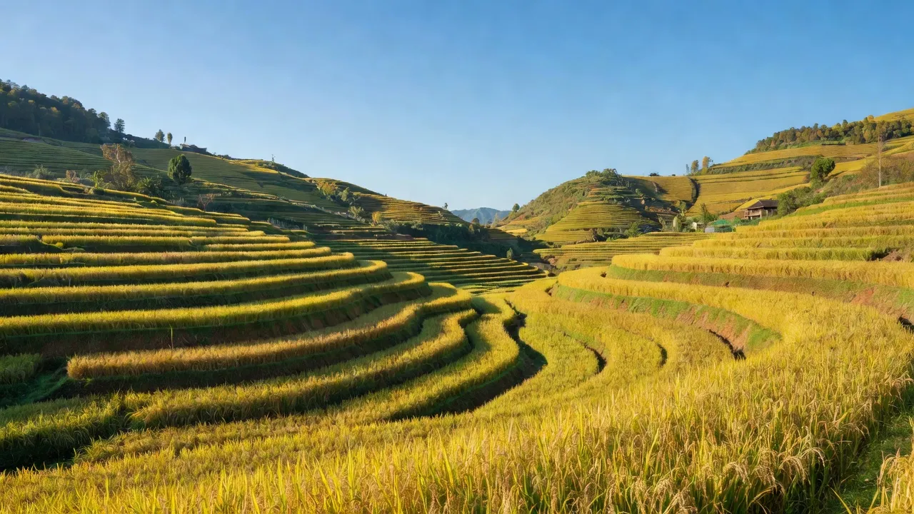 Ruộng bậc thang ở Na Khê, Yên Minh, Hà Giang, mùa thu với lúa chín vàng, cảnh quan đẹp.